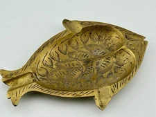 Vintage 1960s Indian Brass Fish Ashtray Dish INDIA 100-T Etched Leaf Motif