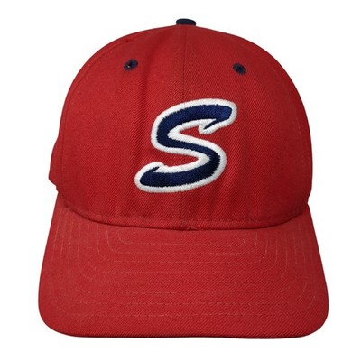 DeLong Snapback Hat Red Large Embroidered Logo Vent Holes Outdoor Vintage USA