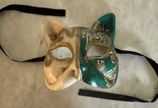 Venetian Cat Mask Decorative Gold Green Plastic Painted Ornate Design