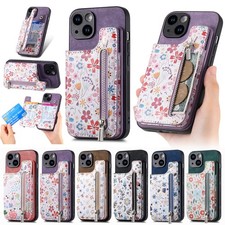 For iPhone 17 16 15 14 13 12 11 8 7 6 Floral Leather Back Wallet Holder Case