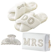 Bride To Be Gift Set - Makeup Bag, Slippers, Robe, Slippers Makeup Bag Clip