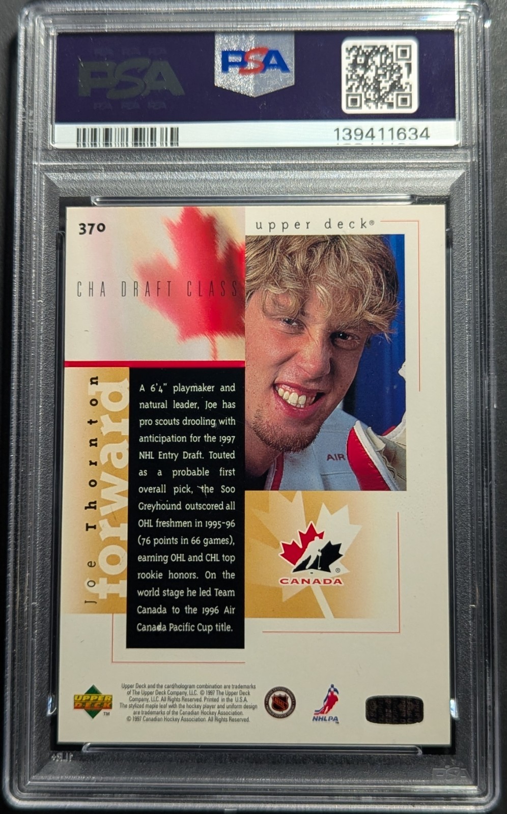 1996 Upper Deck Program of Excellence Joe Thornton PSA 8 DNA  IP Auto 10 Rookie view 2