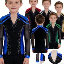 Kids Boys Figure Skating Dance Tops Split Hem Tee Competition T-Shirts Costume