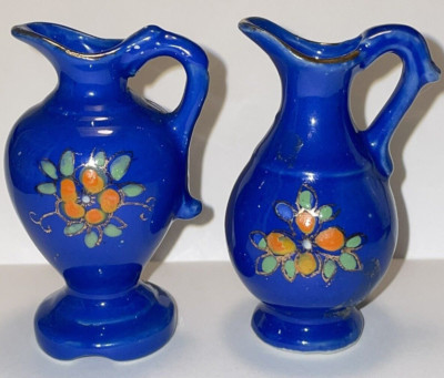 Vintage Pico Occupied Japan Mini Blue Pitchers Hand Painted Floral Gold Trim Pai
