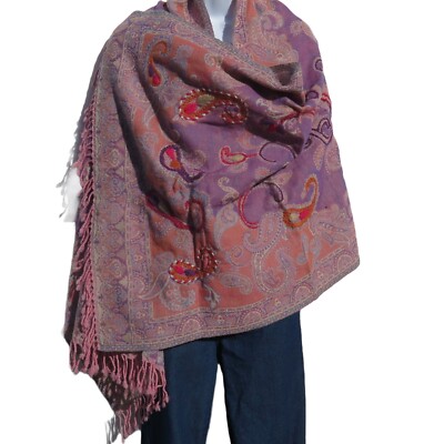 Shawl | Embroidery | Yak + Sheep Wool Blend | Stitched| Handmade | Plum & Coral