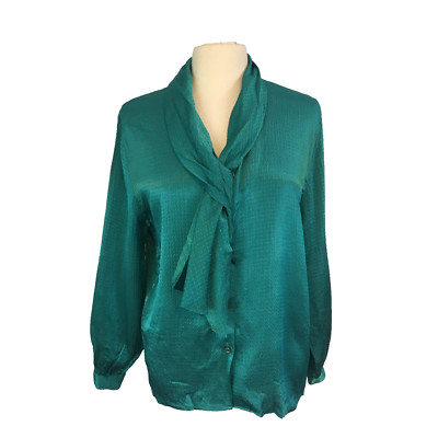 San Andre Womens Vintage 80s Teal Green Secretary Blouse, Ascot, sz 8, 38 bust