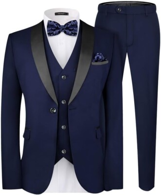 Men's Slim Piece Blazer Pants Set, Blue, w/Bow Tie, S (B29)