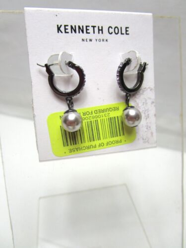 Kenneth Cole Gray Pearl Hoop Drop Earring Gunmetal Huggie Purple Stones  - Picture 1 of 12