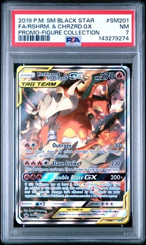 2019 POKEMON SM BLACK STAR PROMO #SM201 FULL ART/RESHIRAM & CHARIZARD GX PSA 7