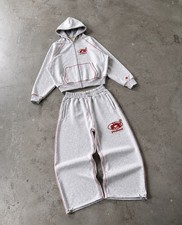    Gray Gothic Streetwear Tracksuit Set Zip Hoodie  Wide Leg Sweatpants