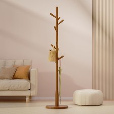 Brown Solid Wood Coat Rack 8 Hooks Square Base Freestanding Hall Stand