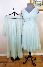 Vintage Blue Shadowline Double Layer Ruched Waist Nightgown Peignoir Set sz S-36