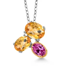 925 Silver and 10K Yellow Gold Citrine and Pink Created Sapphire Pendant