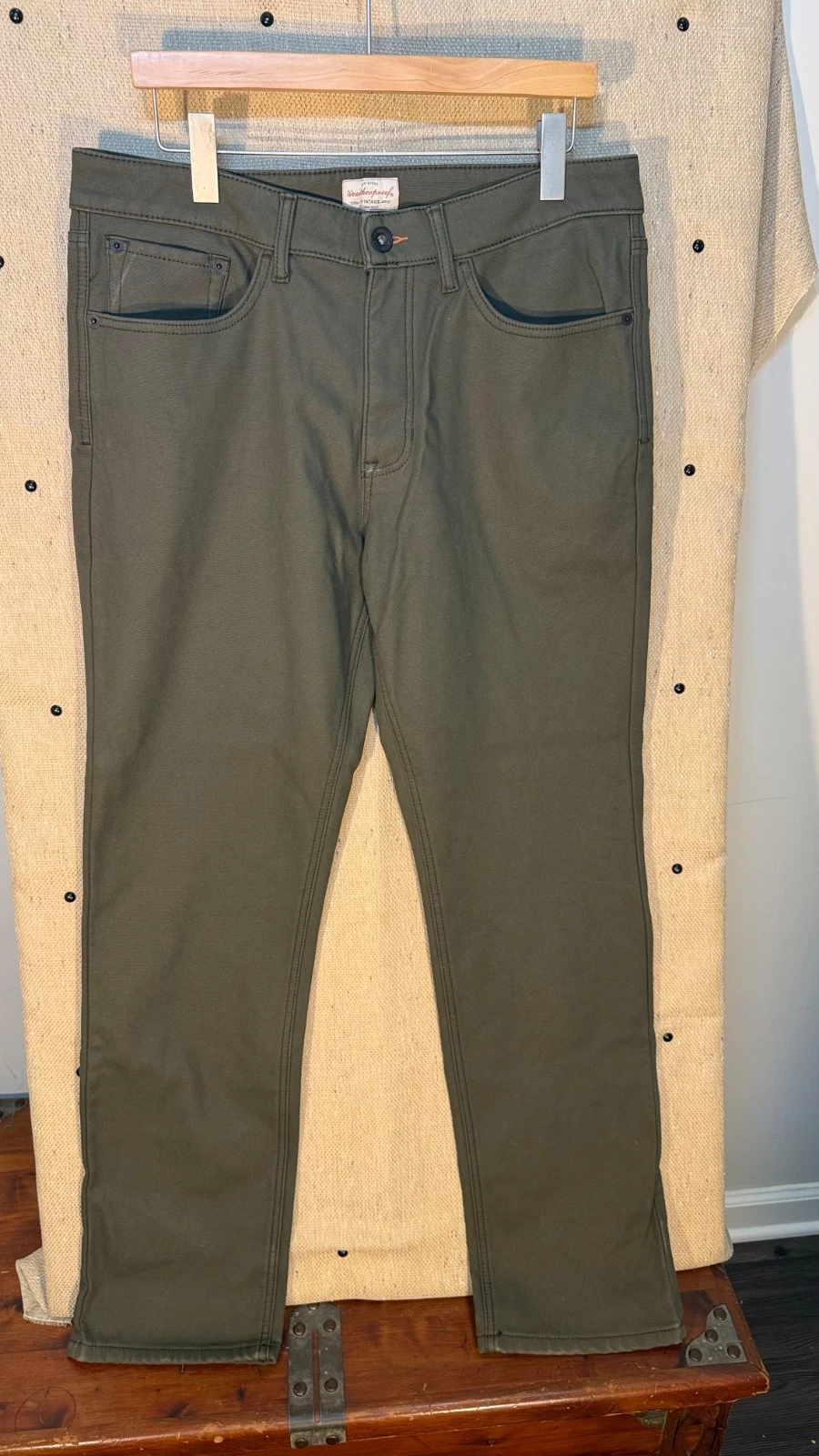 Weatherproof Vintage Men Fleece Lined Canvas Pants 34x32 Olive Green Regular Fit