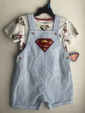 DC Comics Superman 2 Piece T-Shirt Coverall Overall Outfit Set Boys 24 Months