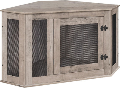 Corner Dog Crate Furniture, Wooden Dog Kennel End Table, 44.5''Lx 23.6''W x 23.6''H