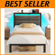 Twin Size Bed Frame with Charging Station  LED Lights, Grey