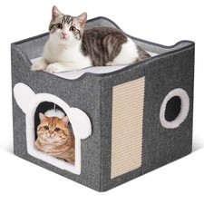 Cat Beds for Indoor Cats, Large Cat House Foldable Cat Cave with Scratch Pad ...