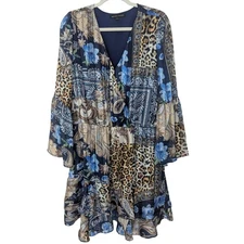Boston Proper Womens Wild Patchwork Print Boho Midi Peasant Dress Size L
