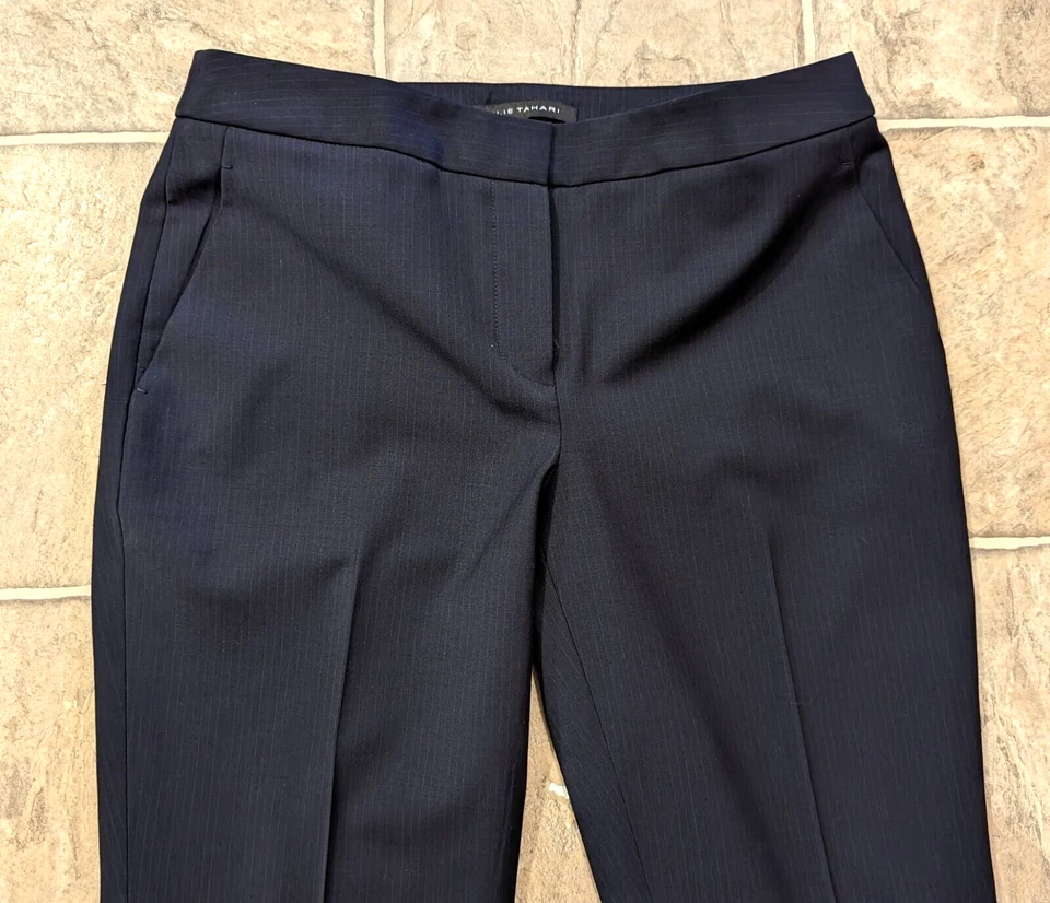 Pantalones de vestir Elie Tahari talla 2 mezcla de lana pierna recta azul oscuro rayas 3632 Foto 3 de 4