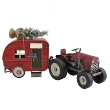 Rustic Red Tractor and Camper with Christmas Tree Iron Set of 2 Christmas Decor