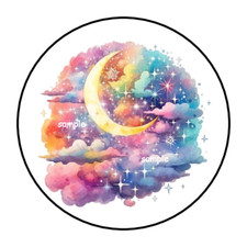 30 MOON AND STARS STICKERS ENVELOPE SEALS LABELS 1.5" ROUND CLOUDS WATERCOLOR