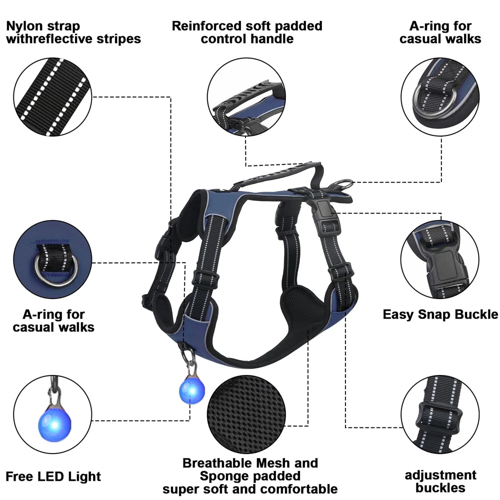 Dog Harness Navy Blue No Pull Y Shaped for Medium Sized Dog, Small to Large D...
