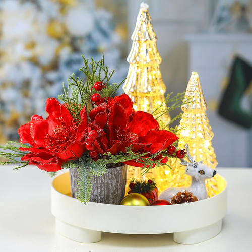 2 Pcs 12'' Red Christmas Table Centerpiece Glitter Artificial Magnolia Flowers w - Picture 6 of 6