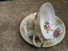 LEFTON CHINA Hand Painted Footed Cup Saucer Pair Rose design 
