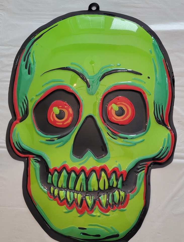 A bold 20x30" retro-style neon green skull wall piece that hits the sweet spot between Halloween kitsch and year-round spooky decor.