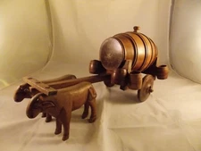 WHISKEY BARREL CART WITH OXEN AND SHOT GLASSES - FOLK ART - FROM NICARAGUA