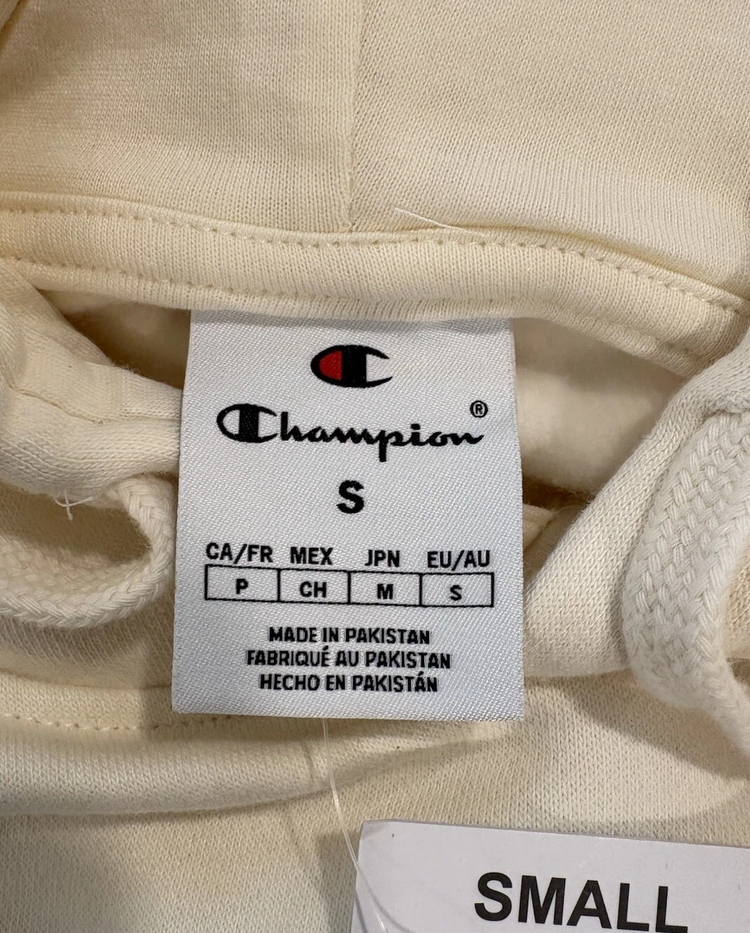 VETEMENTS Felpa Champion Classic pile con cappuccio colore crema chiaro uomo taglia small con tasca frontale nuova con etichetta