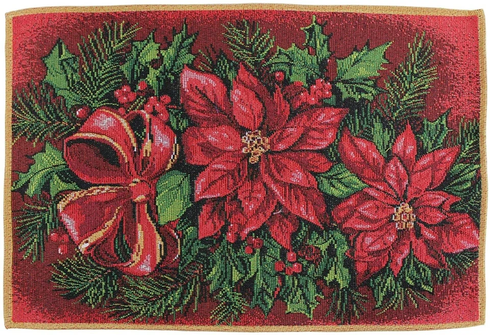 Set of 2 Tapestry Placemats,13"x19", CHRISTMAS POINSETTIA FLOWERS & BERRIES, VL - Image 4 of 4
