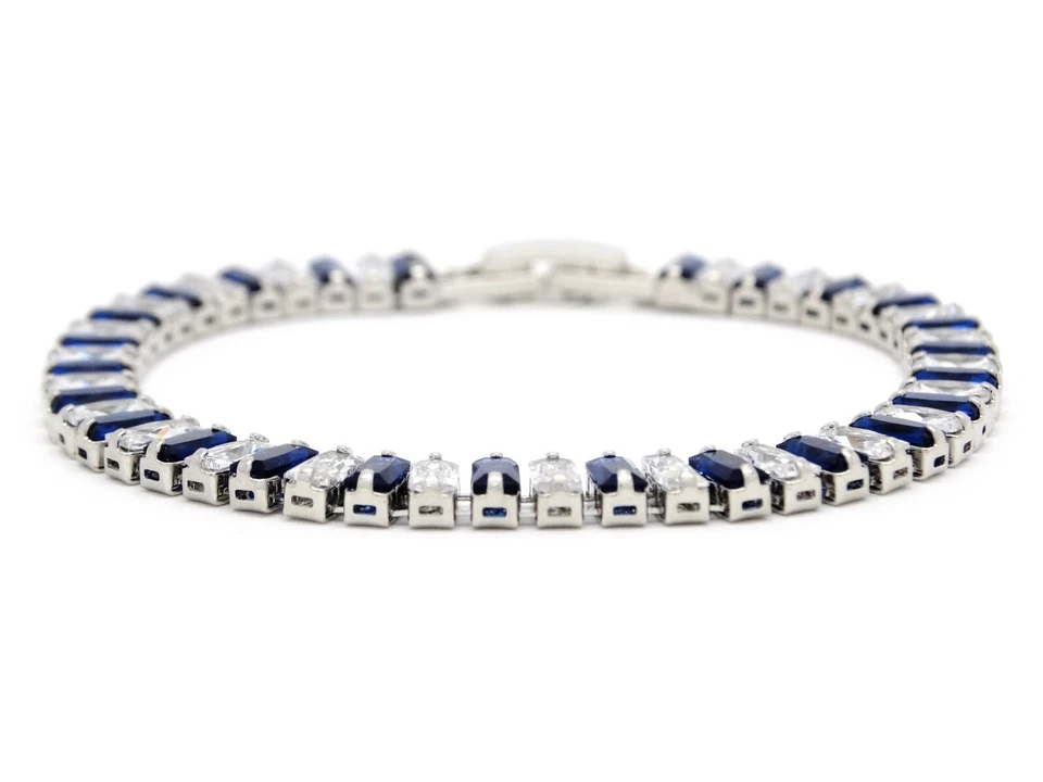 Pulsera de tenis baguette azul profundo brillante y blanco gemas baguette ajuste suave confort Foto 3 de 4