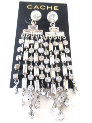 Cache Women's Crystal Baguette Waterfall Chandelier Earrings NWT 54 Silver