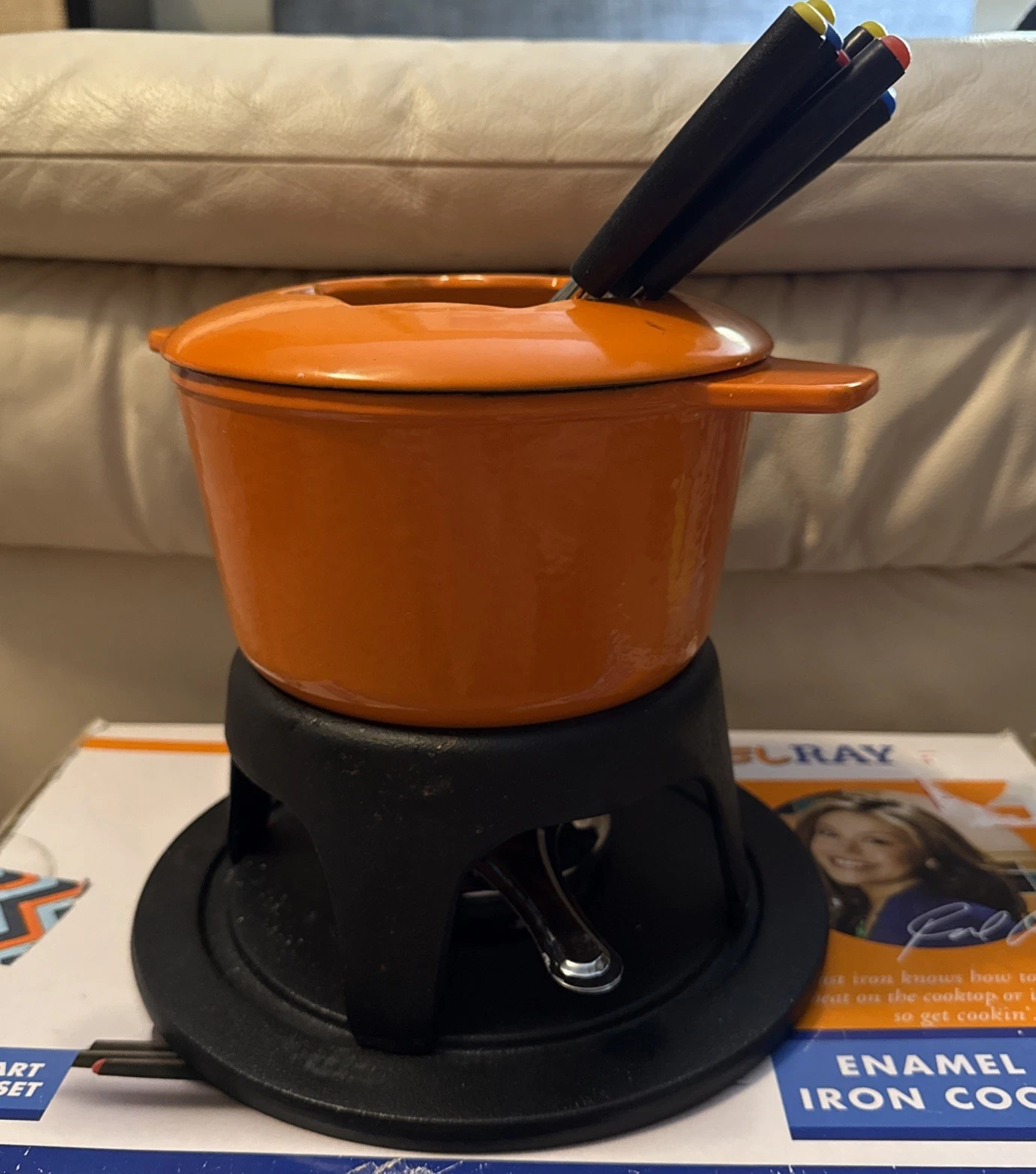 Rachael Ray Orange Enamel Cast Iron Cookware Oven Stove 1.5 Qt. Fondue Set