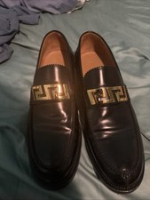 Versace Black Leather Loafer Dress Shoes Gold Logo Accent for Men
