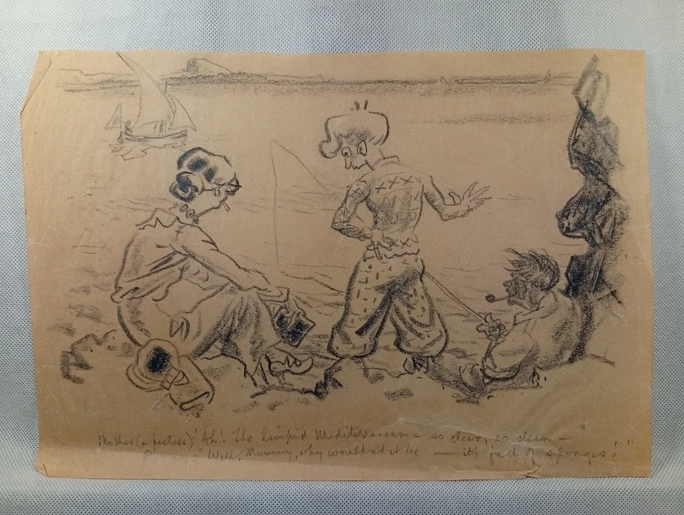 Ancien dessin au fusain signé N.W : scène de genre au bord de la méditérranée - Photo 2/4