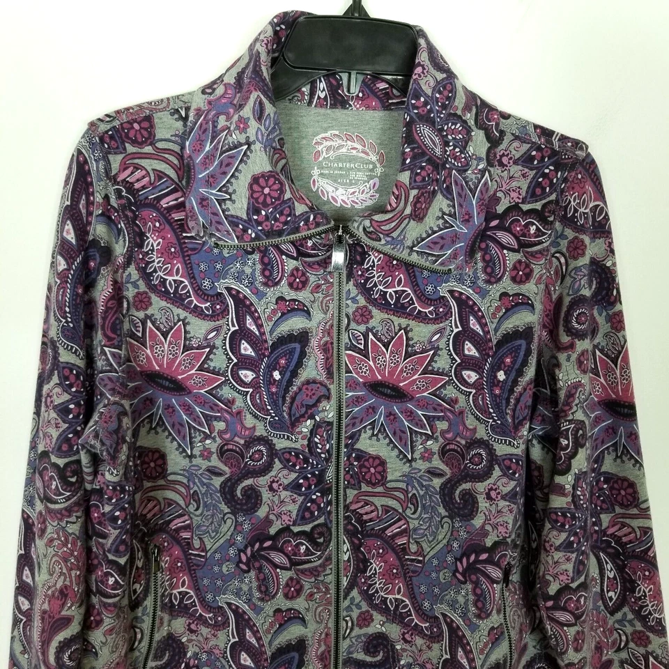 Chaqueta Charter Club Mujer Cremallera Frontal Algodón Pima Estampado Paisley Talla L Tejido Suave Foto 2 de 4