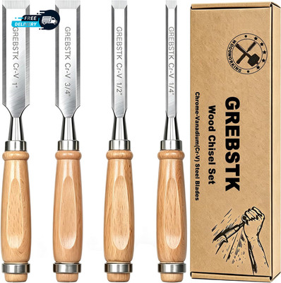 4 Piece Wood Chisel Set CR-V Steel Sharp Bevel Edge for Woodworking