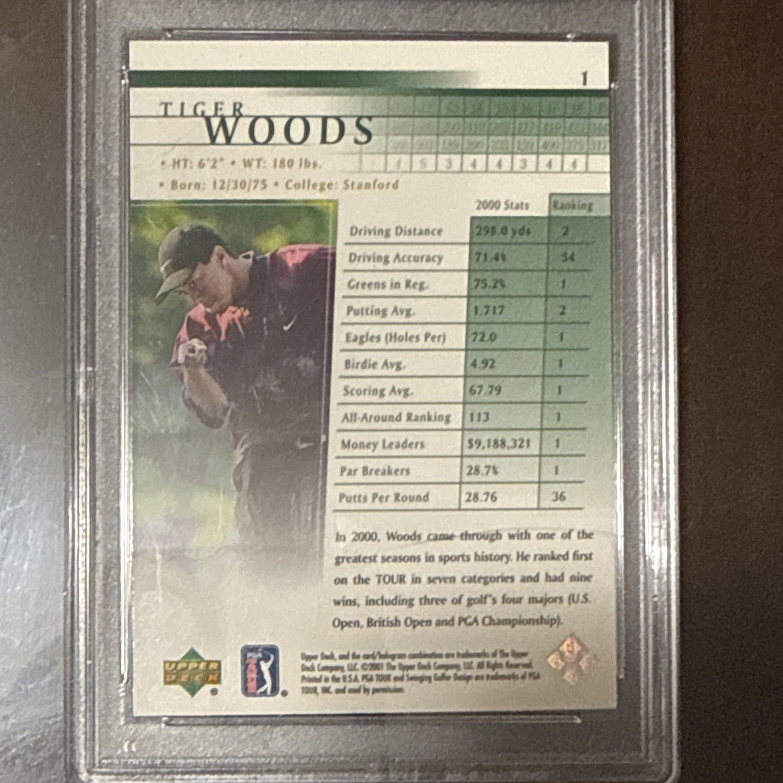 2001 Upper Deck Tiger Woods #1 Golf Rookie Base Set PSA 10 GEM MT view 2