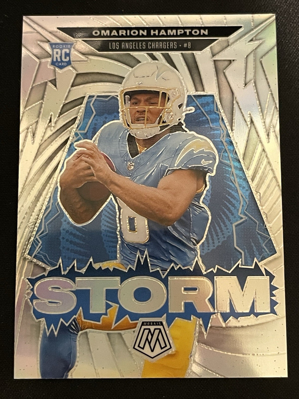 2025 Mosaic Omarion Hampton Silver Prizm Storm Insert Los Angeles Chargers RC