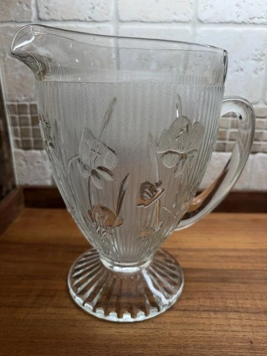 Vintage Jeanette Iris and Herringbone Clear Glass Pitcher