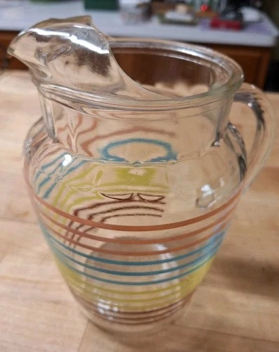 Vintage Clear Glass Striped Pitcher Design Ice Lip
