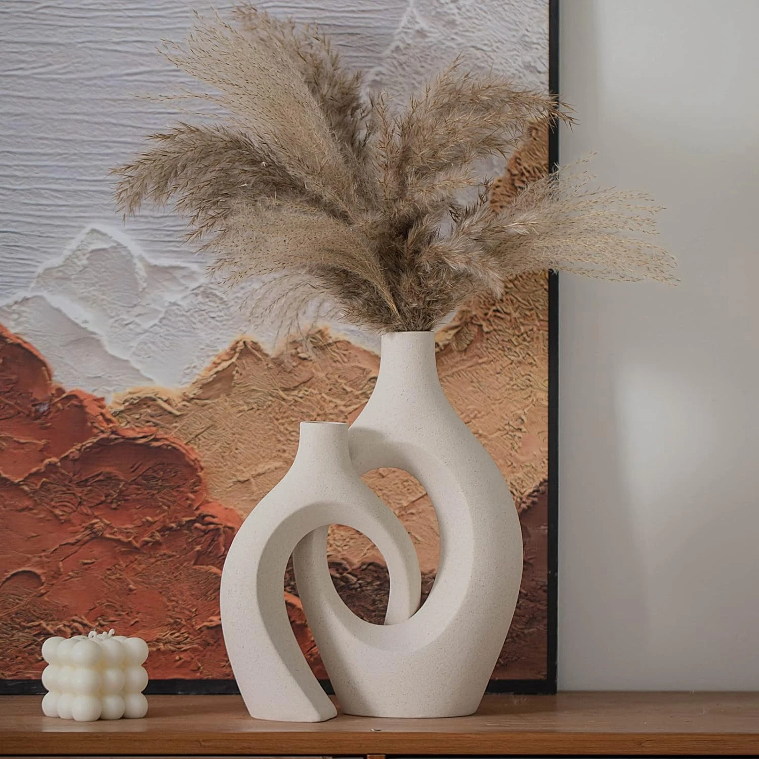 XL Beige Ceramic Vase Set of 2 for Modern Home Decor, Eclectic Entryway Modern B