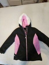 Gerry Girls Size M 10/12 Pink Black Hooded Fur Trim Snow Coat Euc Zipper Pockets