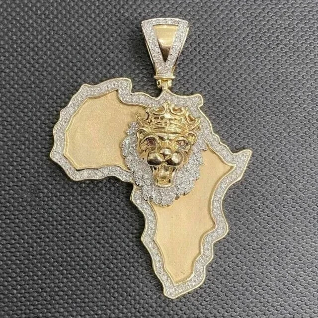 Round Lab-Created Diamond Africa Lion Face Pendant Charm 14k Yellow Gold Plated - Image 2 of 4