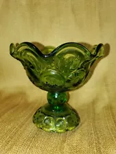 Vintage L.E. Smith Moon & Stars Green Glass Pedestal Fruit Candy Compote 5-1/2"