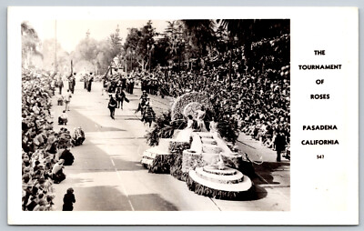 Postcard RPPC Rose Bowl Parade Float Horses Marching Band Pasadena, CA E10