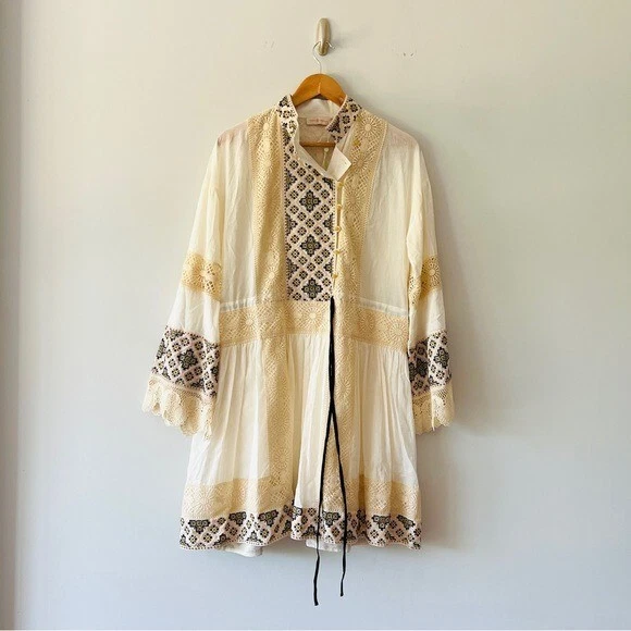 Nuovo Tory Burch raro mini abito Carlotta in pizzo con rifiniture ricamate taglia 10